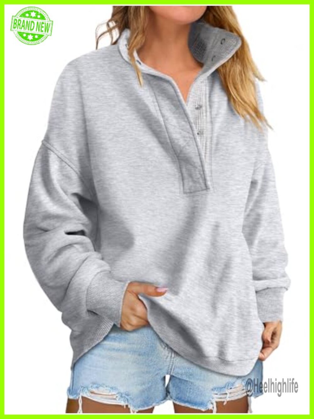 Oversized Mock Neck Henley Sweatshirt Drop Shoulder Loose Pullover